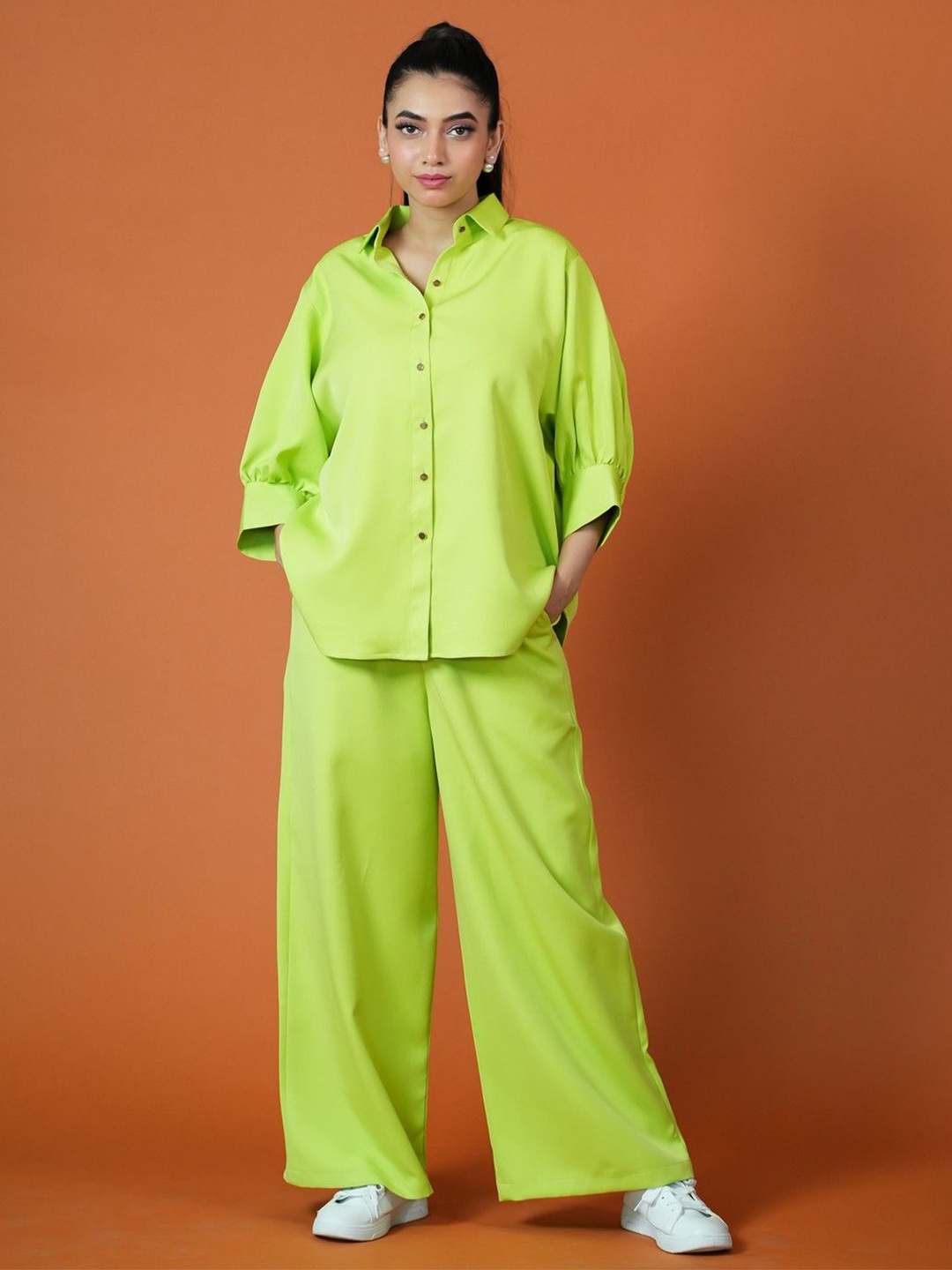 

KINA Shirt Collar Three-Quarter Sleeves Shirt With Palazzo, Lime green