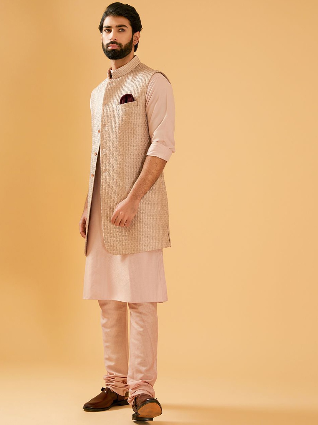 

RR Blue Embroidered Brocade Pure Silk Nehru Jacket, Peach