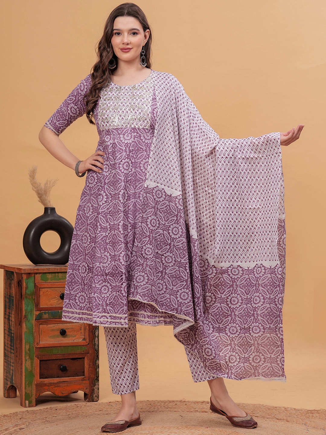 

CHIRAAI Ethnic Motifs Printed Empire Pure Cotton Anarkali Kurta with Trousers & Dupatta, Peach