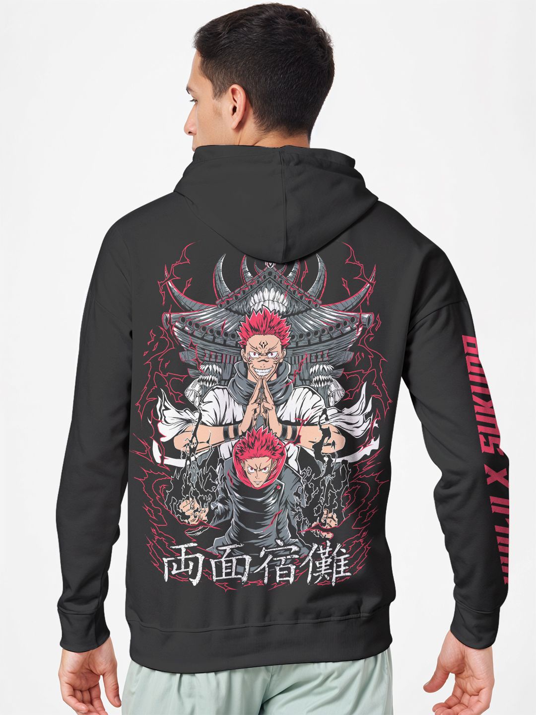 

Crazymonk Printed Anime Yuji X Sukuna Oversized Fit Hooded Sweatshirt, Black