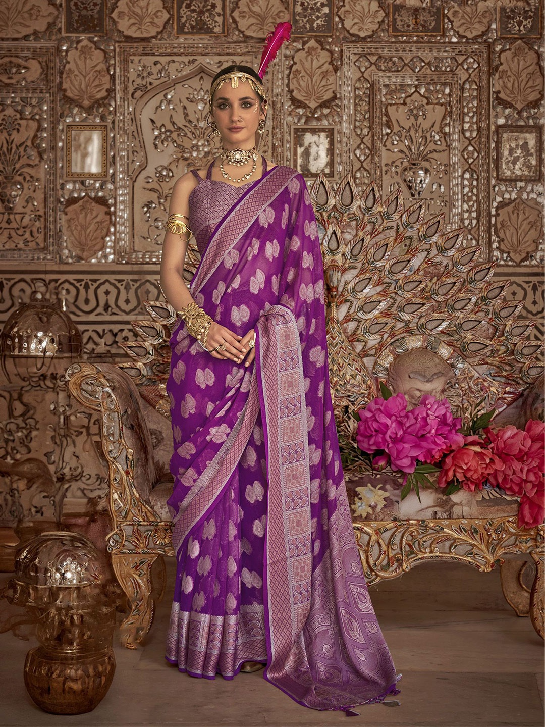 

elora Woven Design Zari Pure Georgette Designer Banarasi Saree, Purple