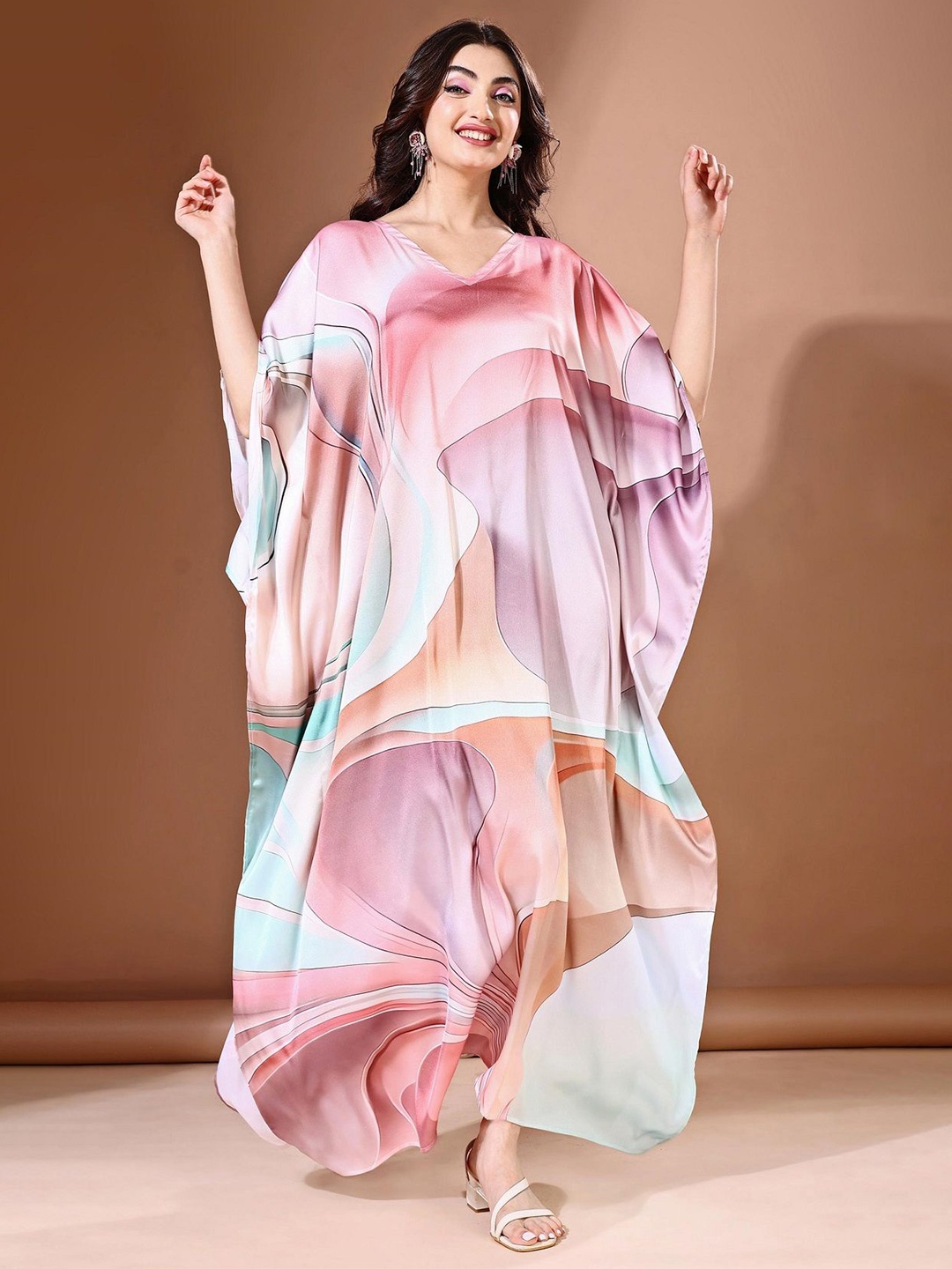 

LABEL AARNA Dreamwave Soft Satin Kaftan with Digital Print, Pink