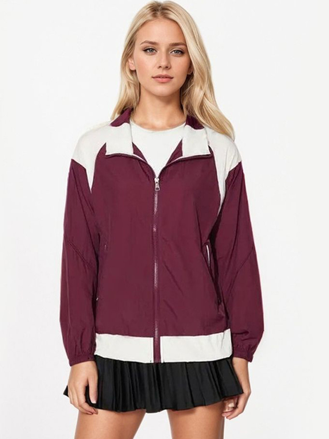 

LULU & SKY Women Striped Crop Tailored Jacket, Burgundy