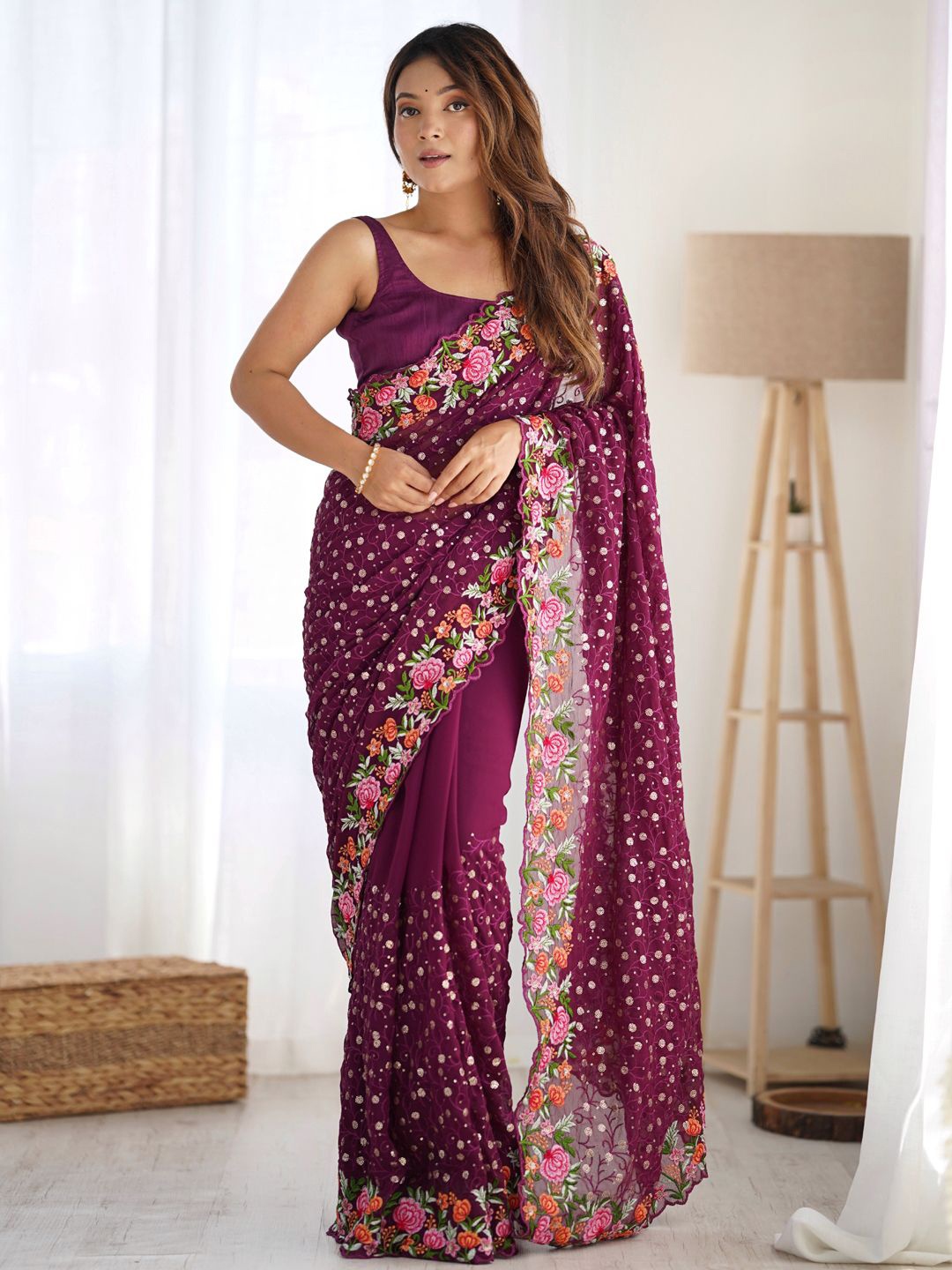 

Panzora Floral Sequinned Poly Georgette Saree, Purple