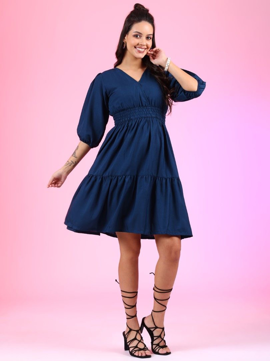 

Femvy Women V-neck Fit & Flare Knee Length Dress, Blue