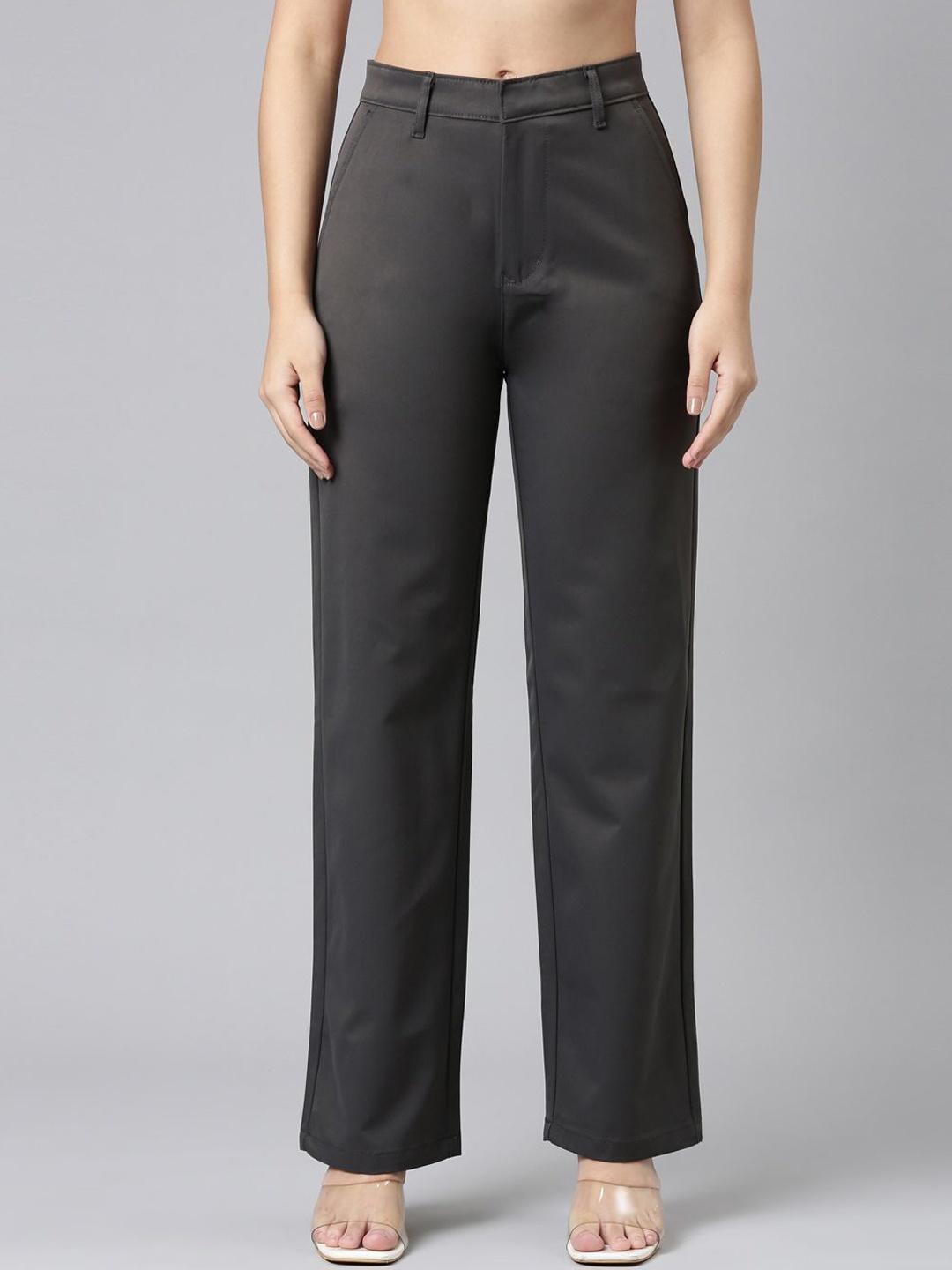 

ZHEIA Women Straight Fit High-Rise Trousers, Black