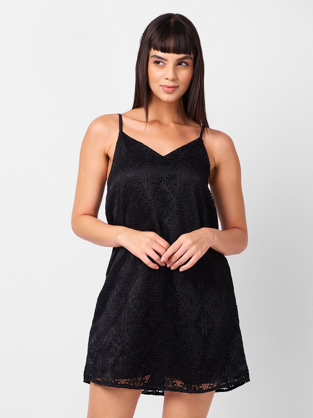 

IZEL Lace Women Shoulder Straps A-Line Mini Dress, Black