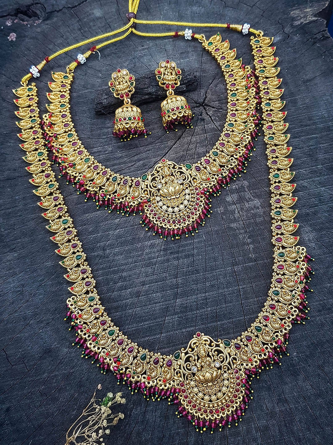 

GRIIHAM Premium Gold-Plated CZ-Studded & Beaded Lakshmi Goddess Antique Jewellery Set