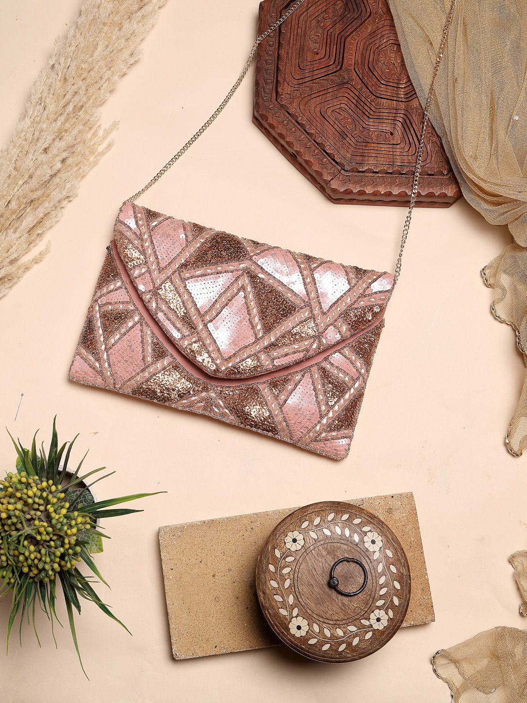 

Anekaant Geometric Embellished Structured Sling Bag, Pink