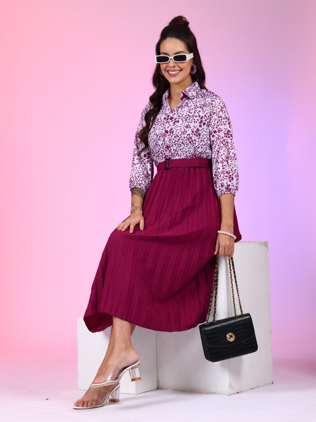 

Raiyani Enterprise Women Printed Fit & Flare Dress, Magenta