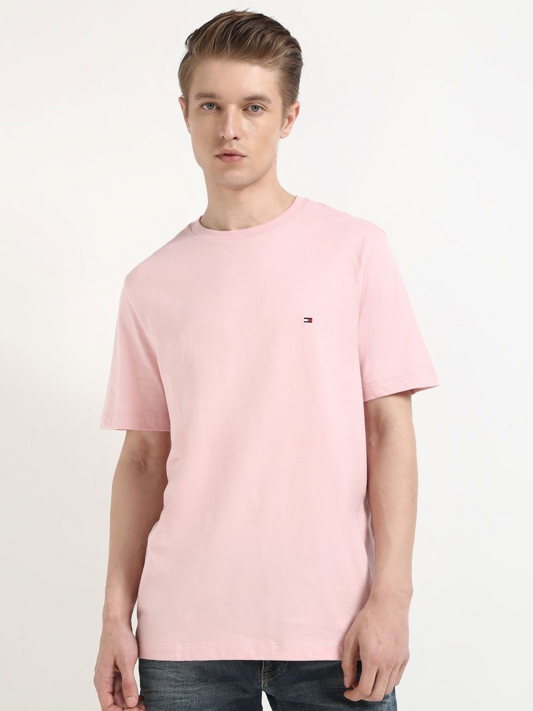 

Tommy Hilfiger Men Solid Round Neck Pure Cotton T-shirt, Pink