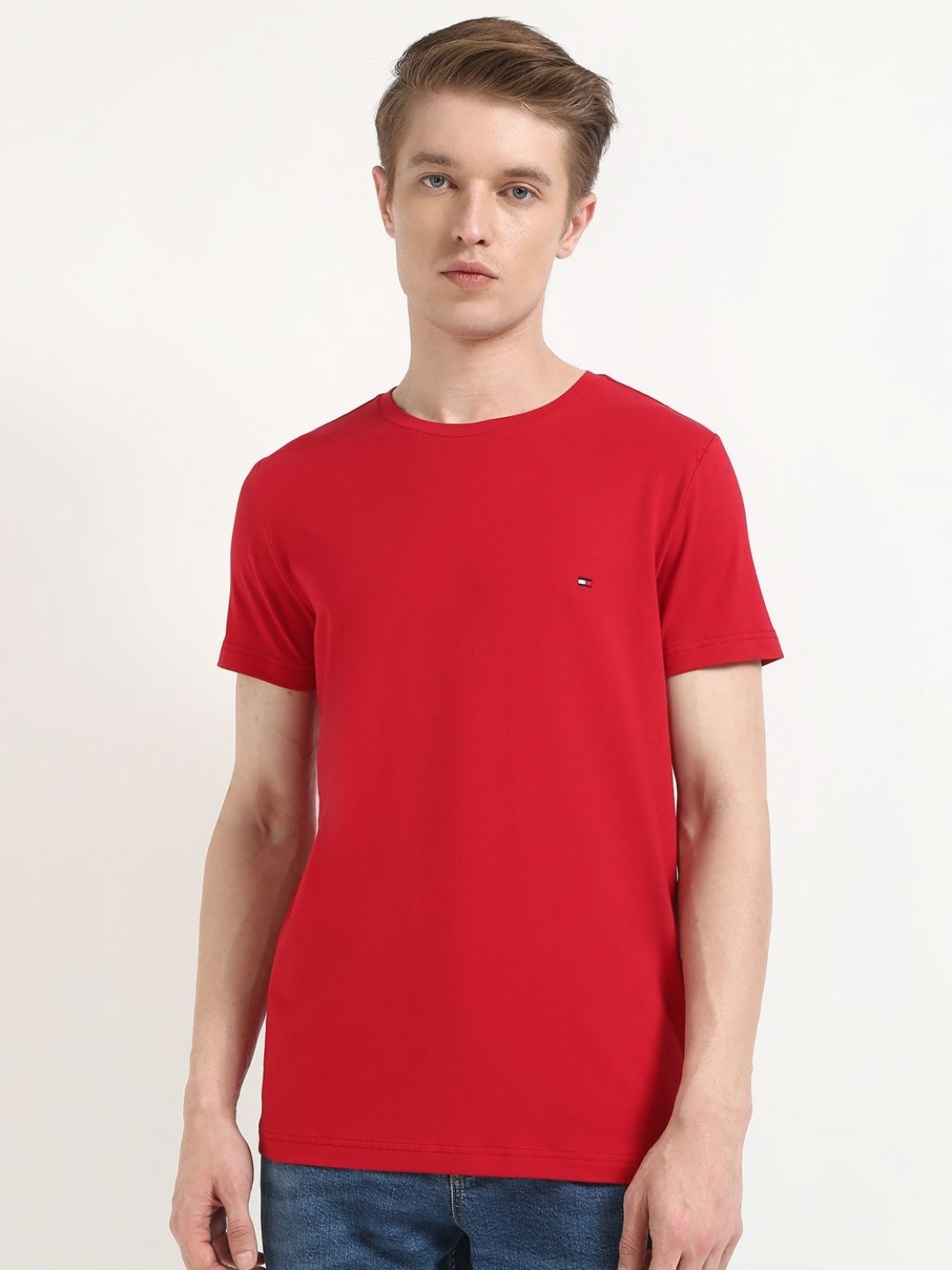 

Tommy Hilfiger Men Solid Round Neck Slim Fit Cotton T-shirt, Red