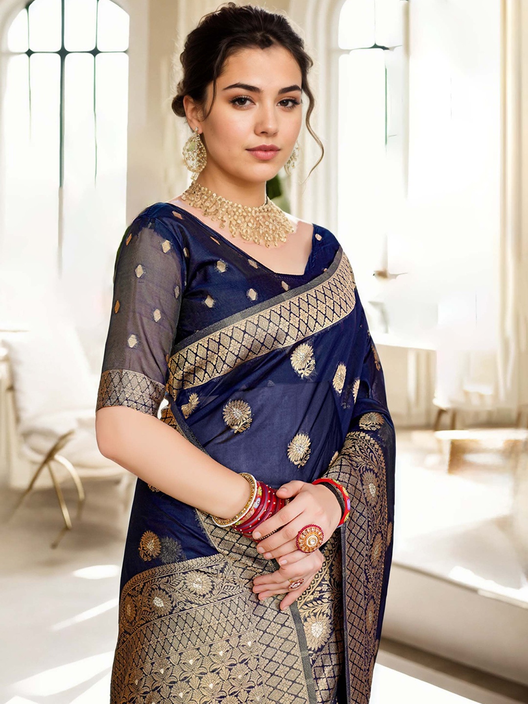 

Anouk Woven Design Zari Organza Banarasi Saree, Navy blue