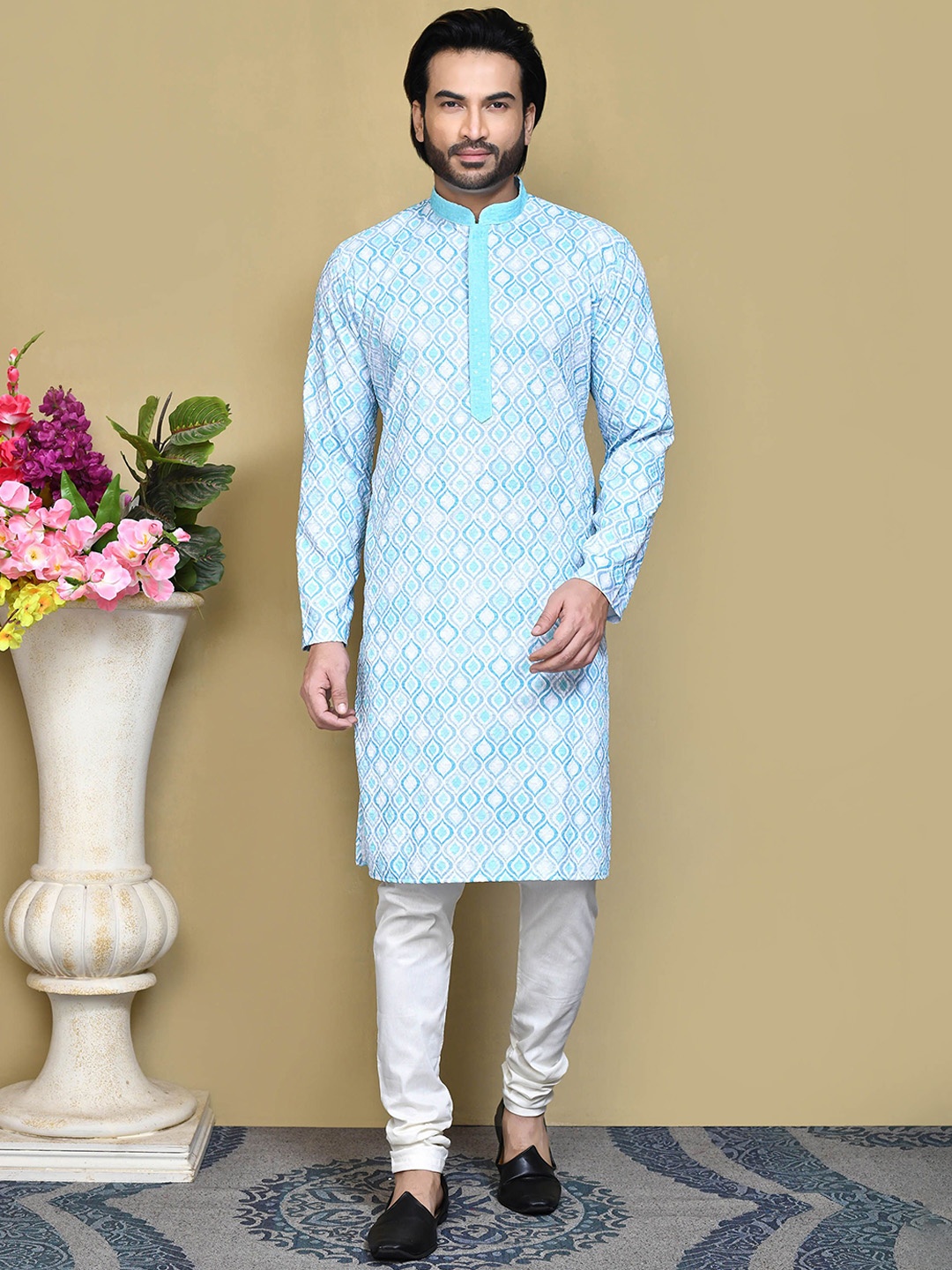 

RANAK Geometric Printed Mandarin Collar Long Sleeves Regular Pure Cotton Straight Kurta, Sea green