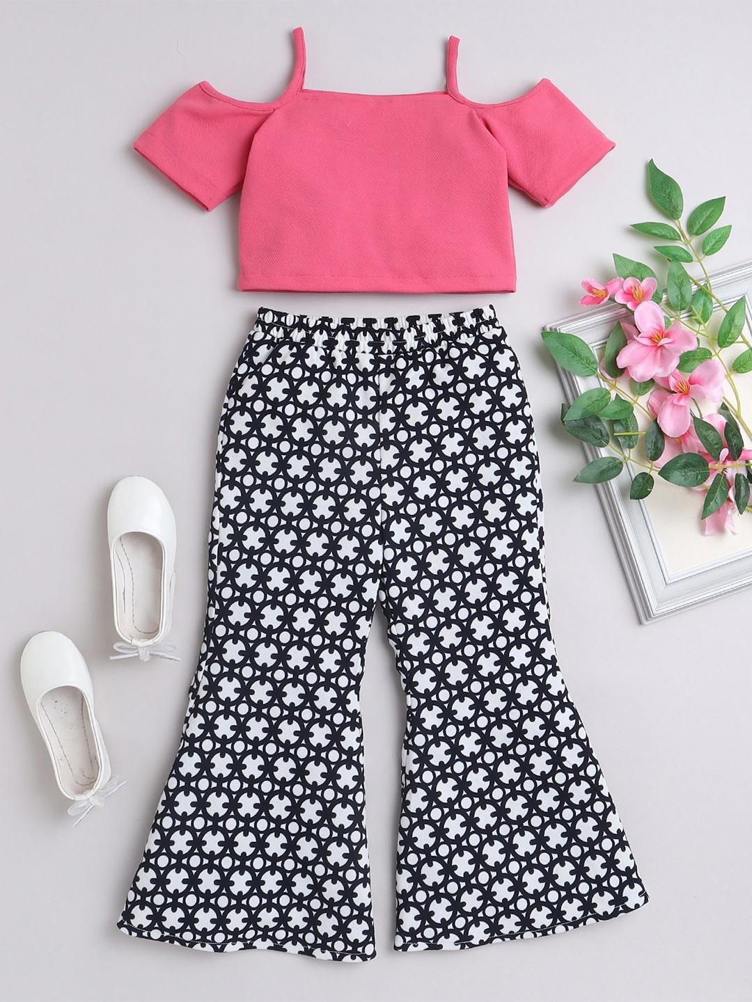 

taffykids Girls Off-Shoulder Crop Top With Trousers, Pink