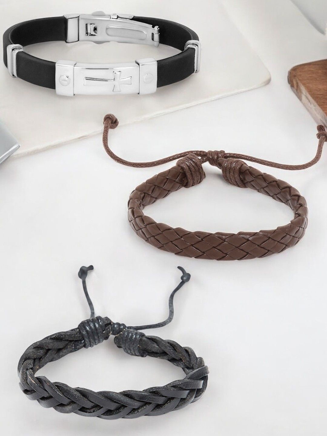 

The Roadster Lifestyle Co Men Set Of 3 Stainless Steel & Leather Bracelet, Black