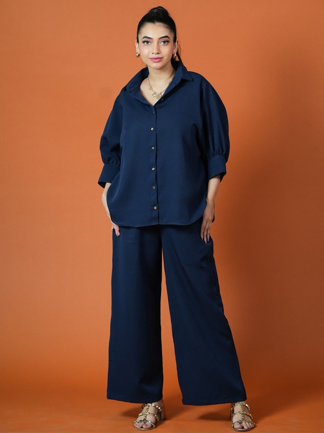 

KINA Shirt Collar Three-Quarter Sleeves Shirt With Palazzo, Navy blue