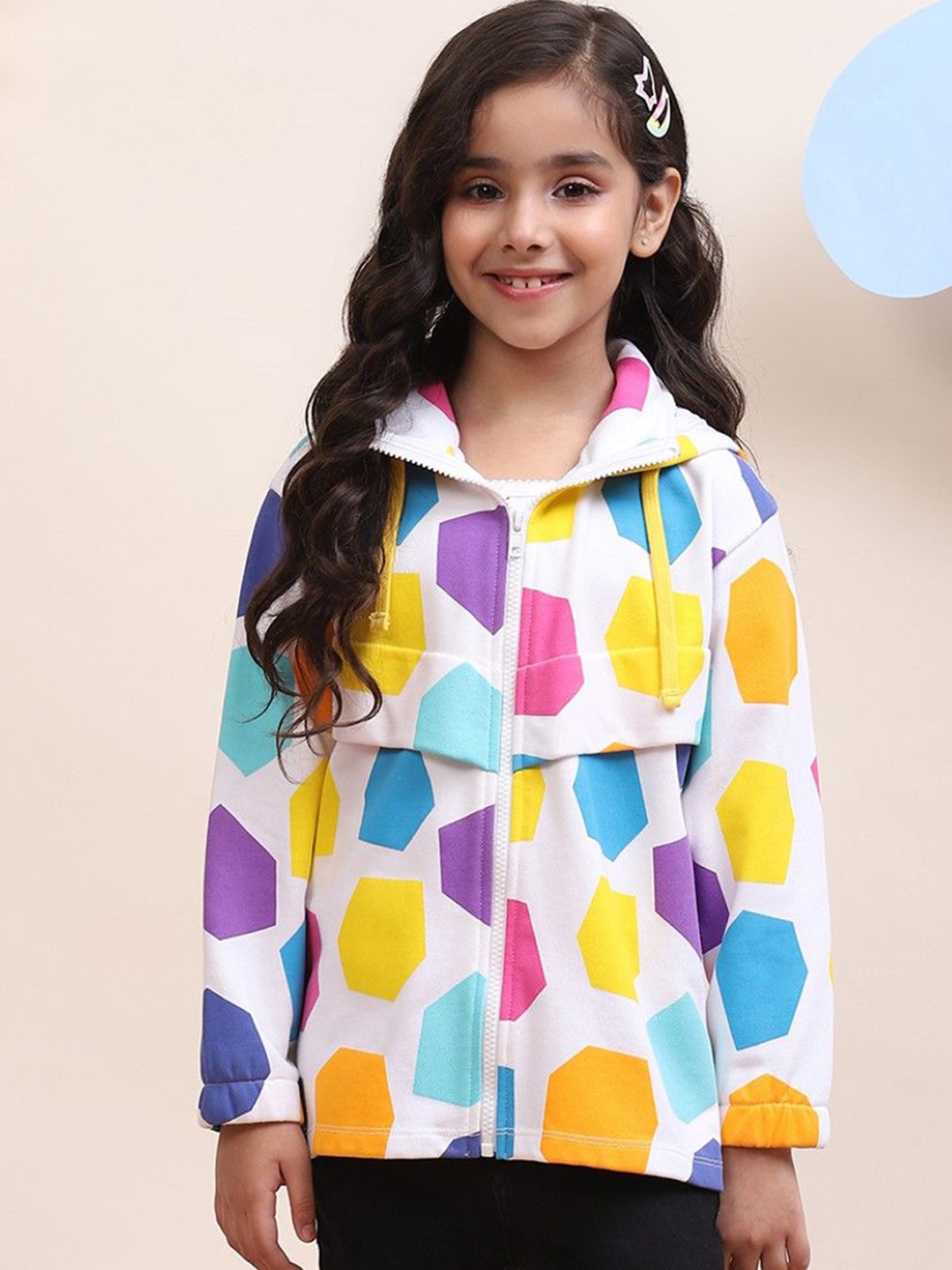

SPUNKIES Girls Geometric Printed Hooded Lightweight Cotton Bomber Jacket, White