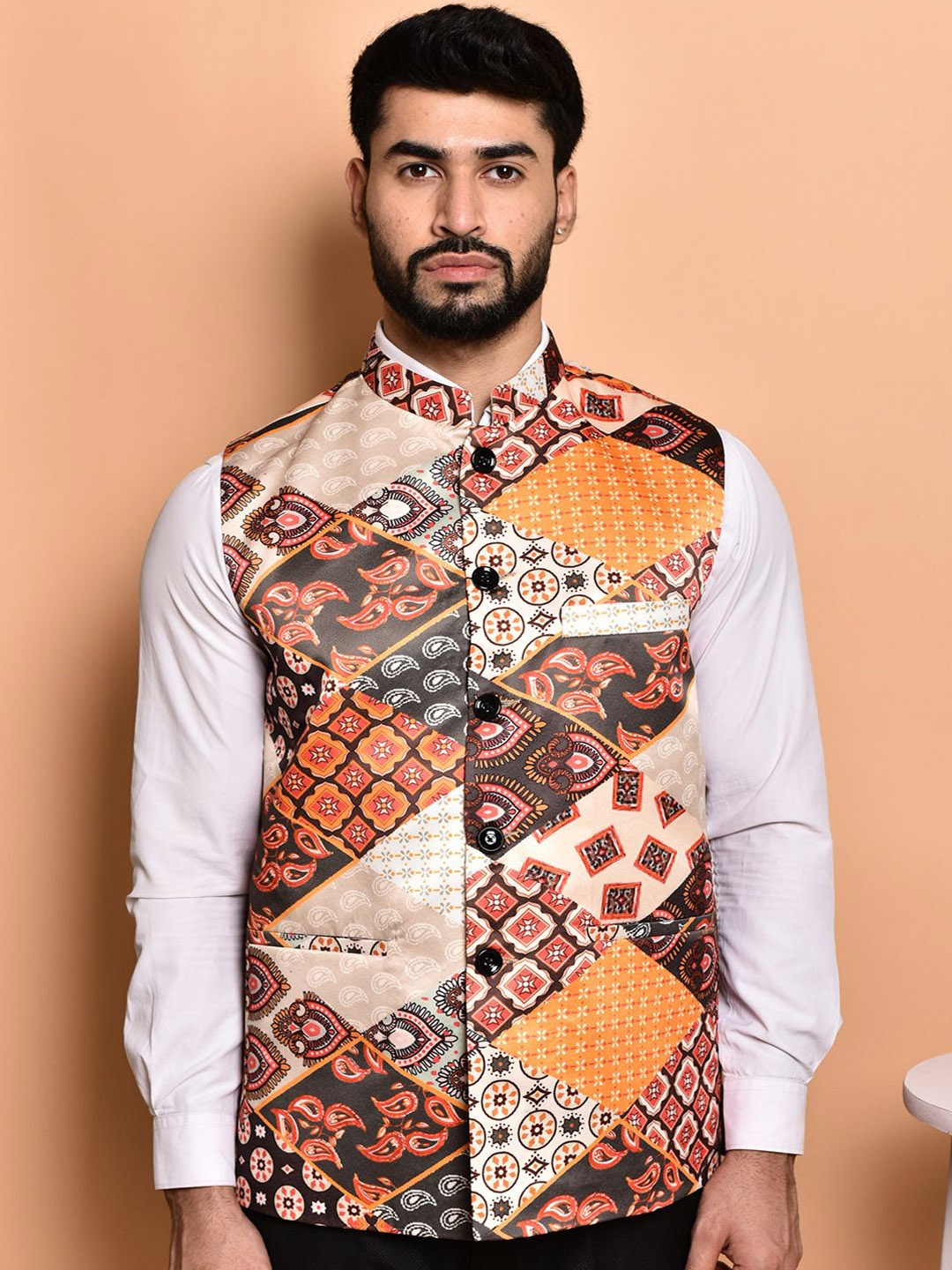 

PRINTINDIA Men Printed Woven Nehru Jacket, Cream