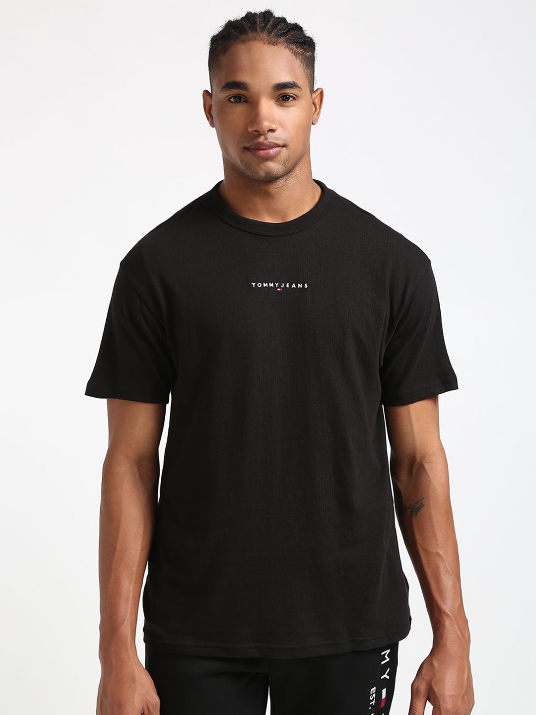 

Tommy Hilfiger Men Brand Logo Printed Round Neck Pure Cotton T-shirt, Black