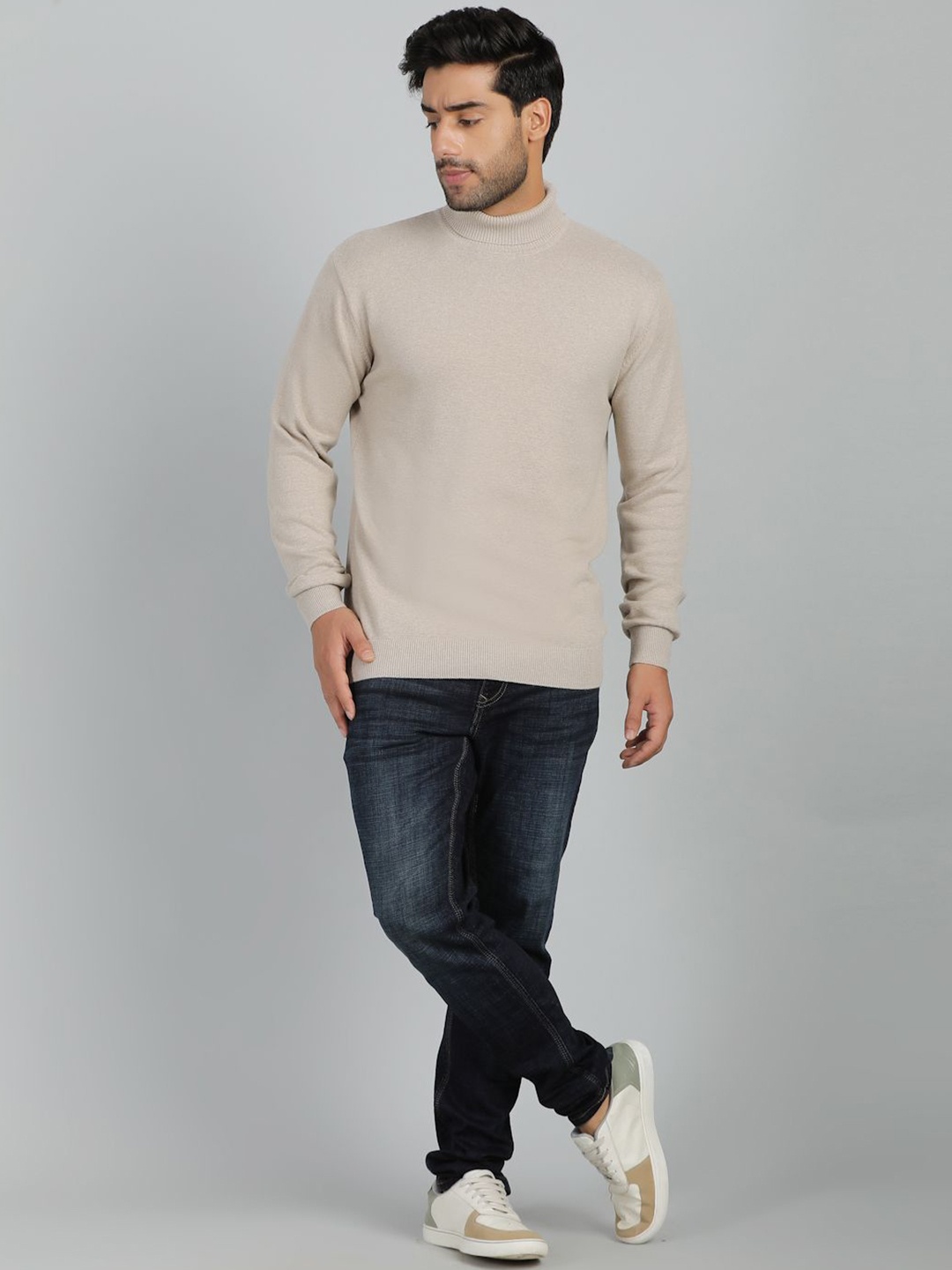 

JADE BLUE Men Solid Pure Cotton Slim Fit Sweater, Beige