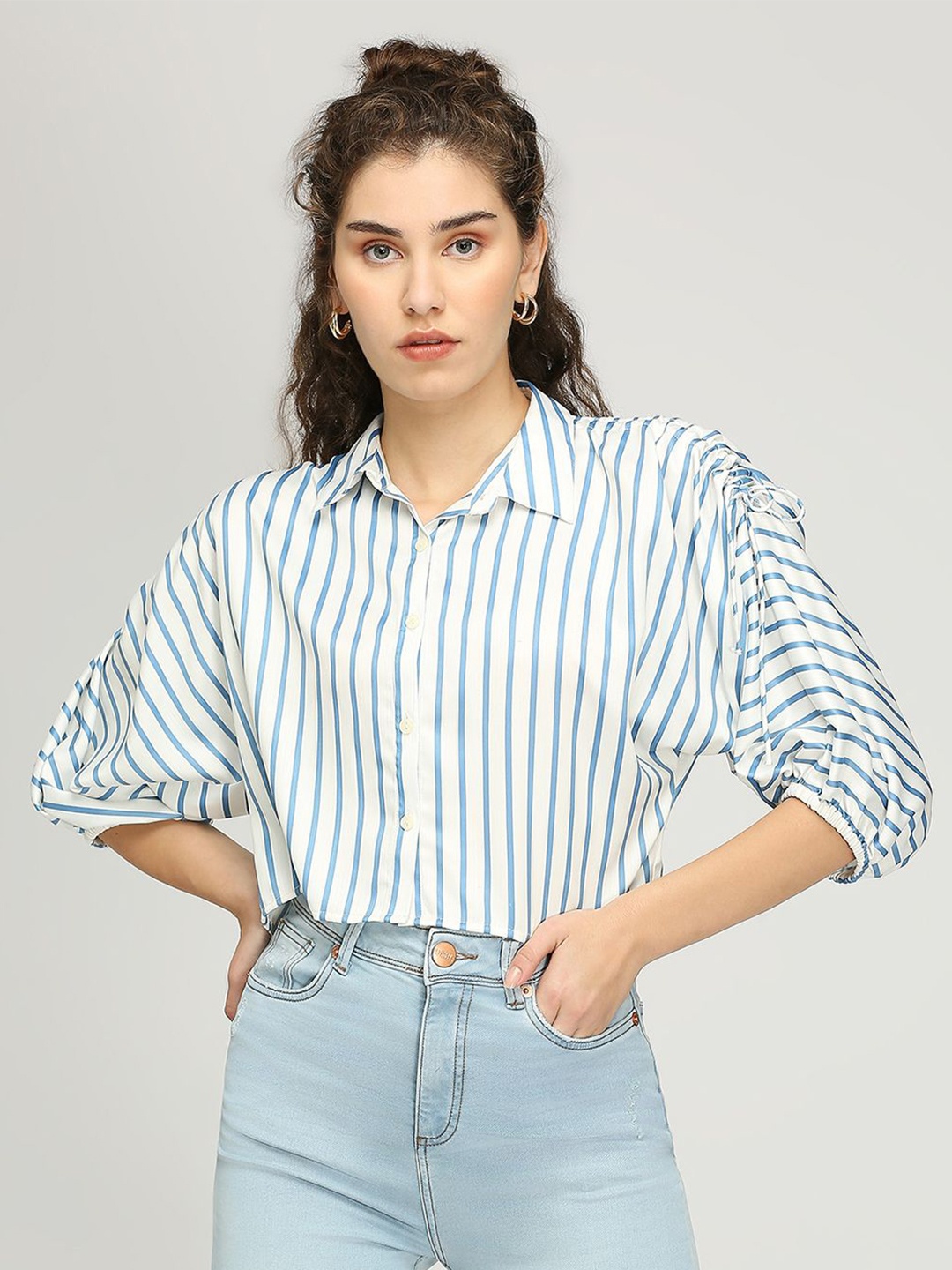 

IZEL Women Vertical Stripes Striped Shirt Style Crop Top, White