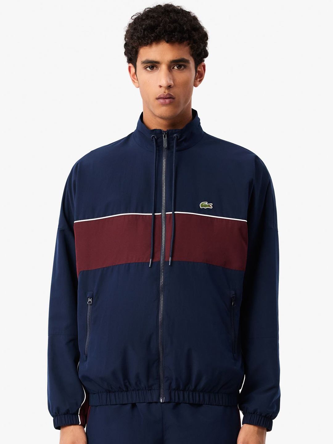 

Lacoste Men Mock Collar Colourblocked Casual Bomber Jacket, Navy blue