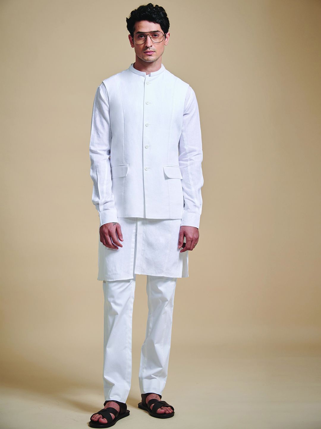 

RR Blue Mandarin Collar Linen Nehru Jacket, White