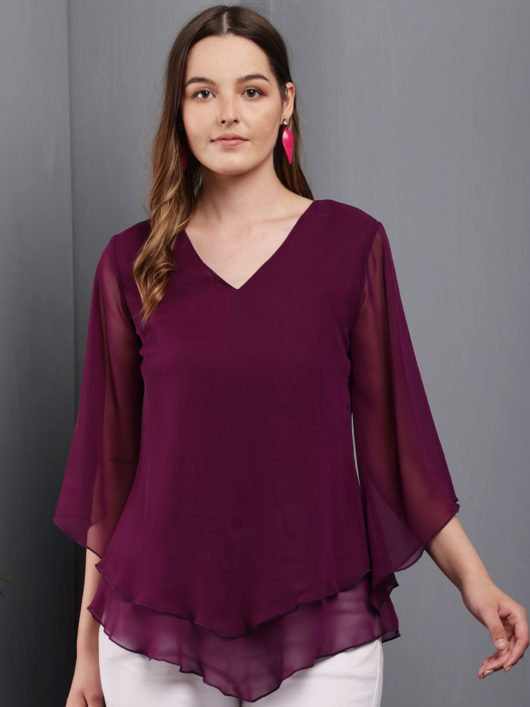 

Tushita Bell Sleeves Layered Georgette Top, Magenta