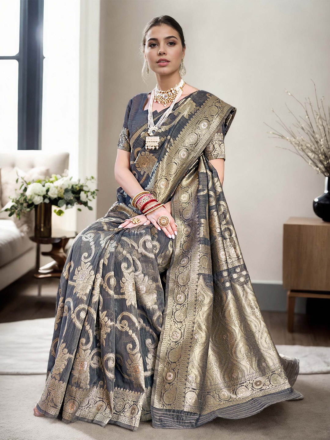 

Anouk Woven Design Chanderi Saree, Grey