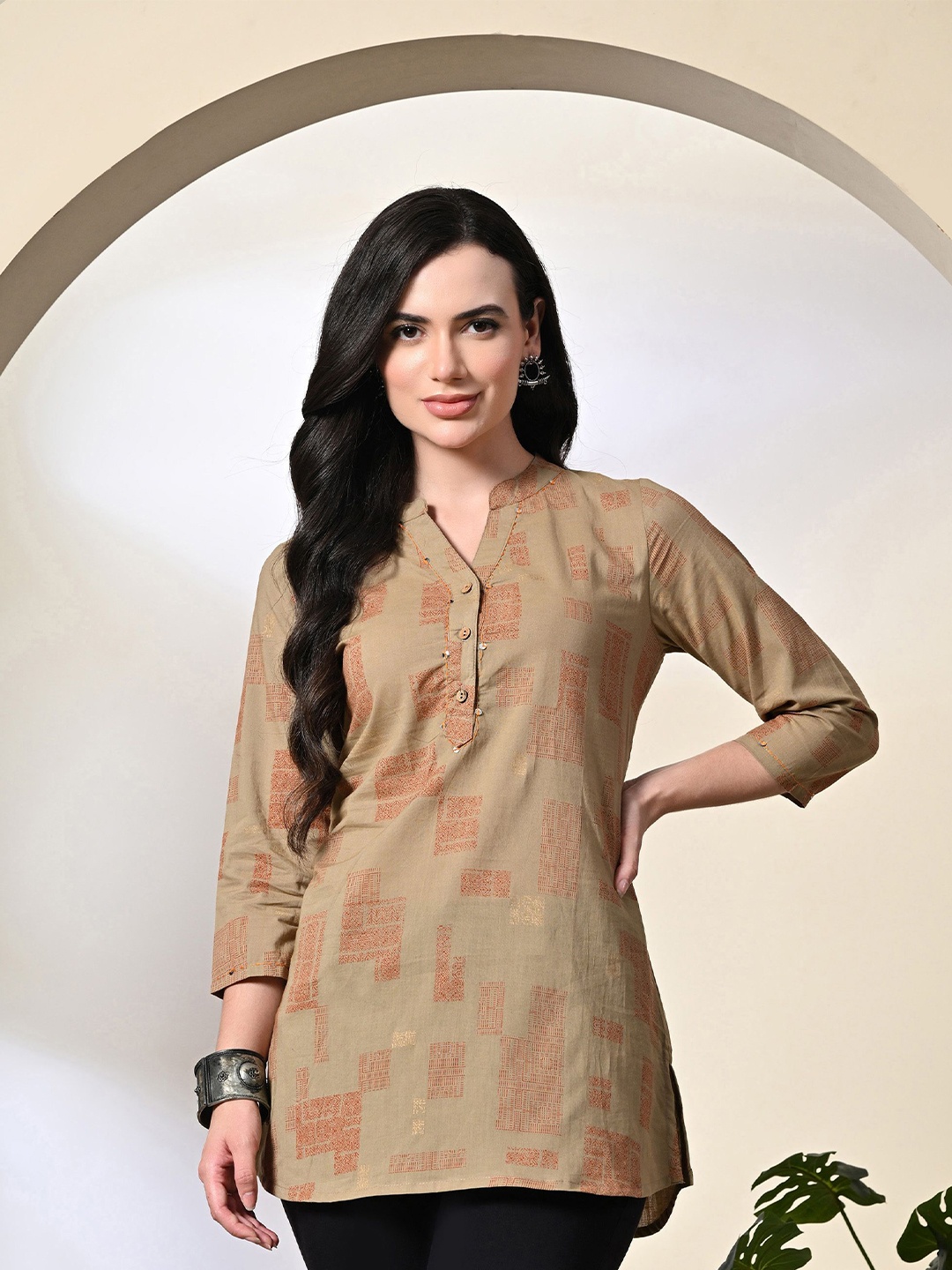 

KALINI Mandarin Collar Printed Tunic, Grey
