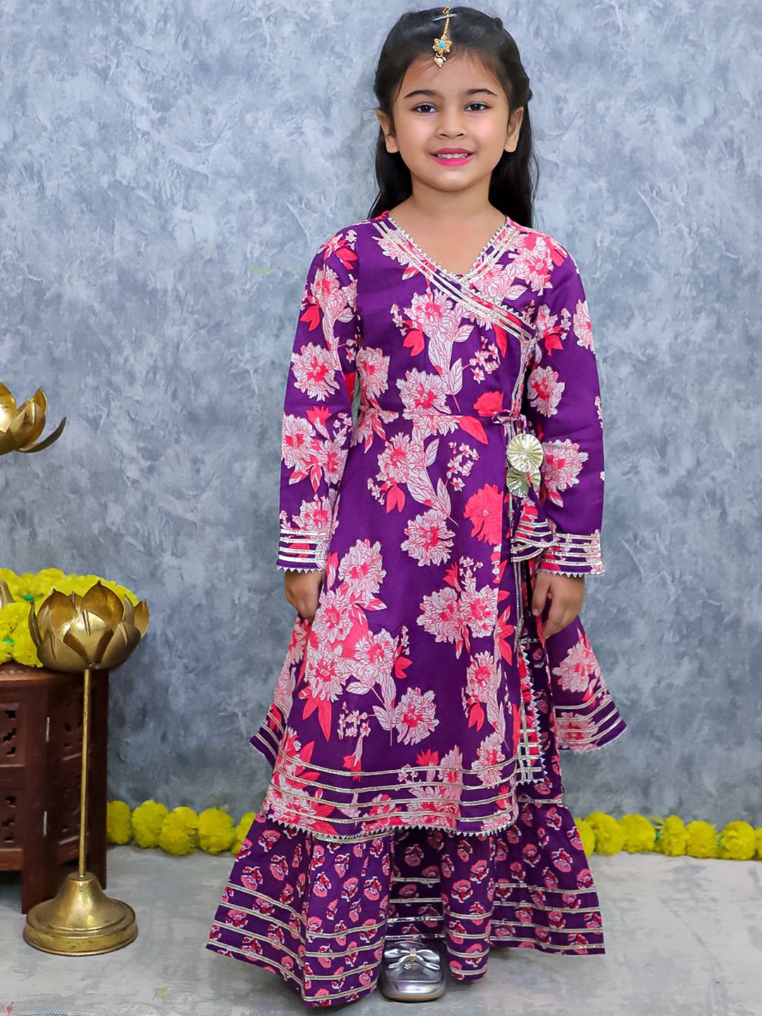 

UNBIND Girls Floral Printed Angrakha Pure Cotton Kurta with Sharara, Pink