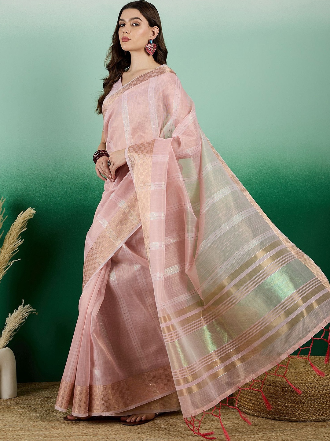 

Kalista Striped Zari Organza Saree, Sea green