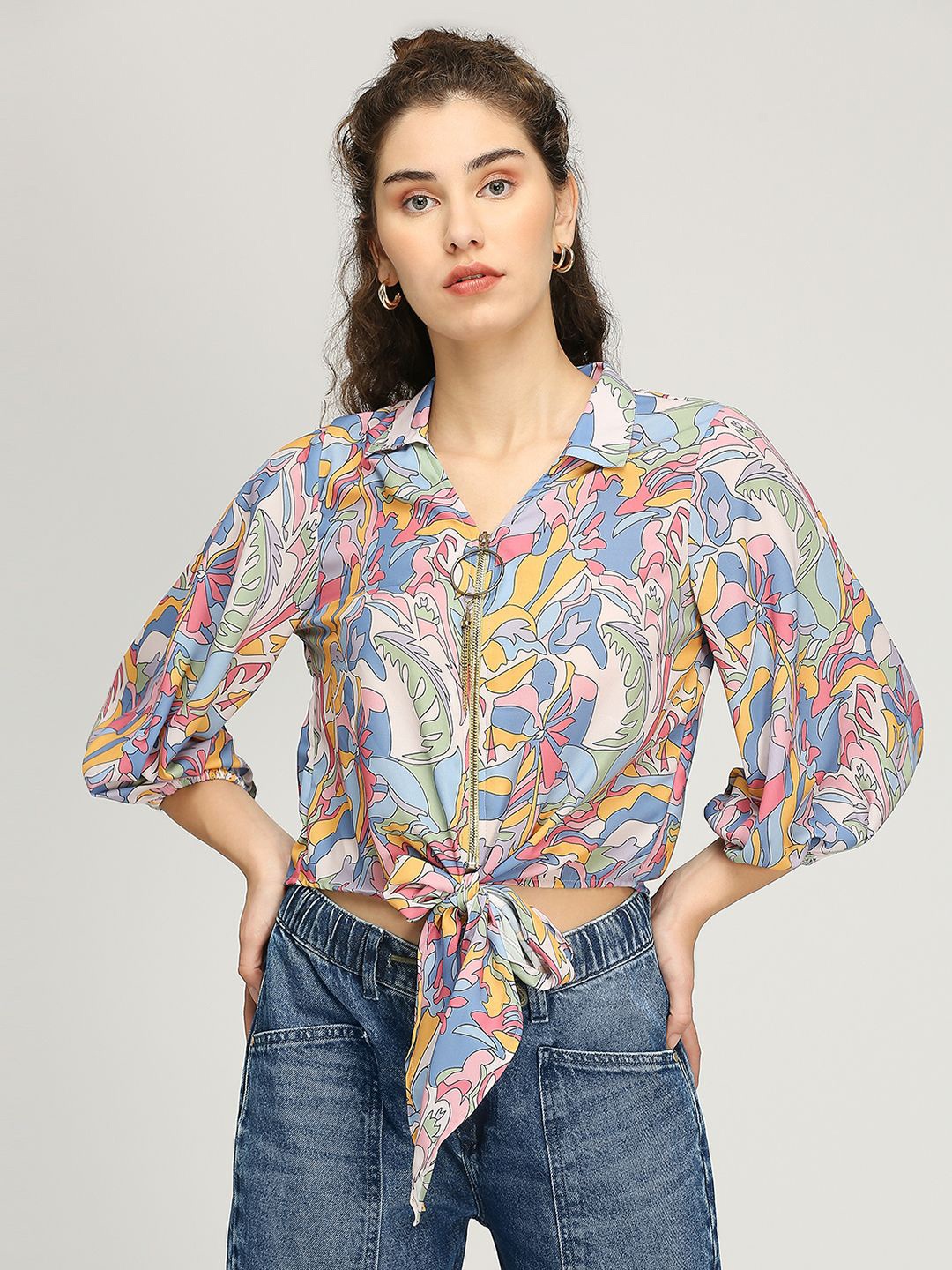 

IZEL Women Abstract Printed Shirt Style Crop Top, Blue