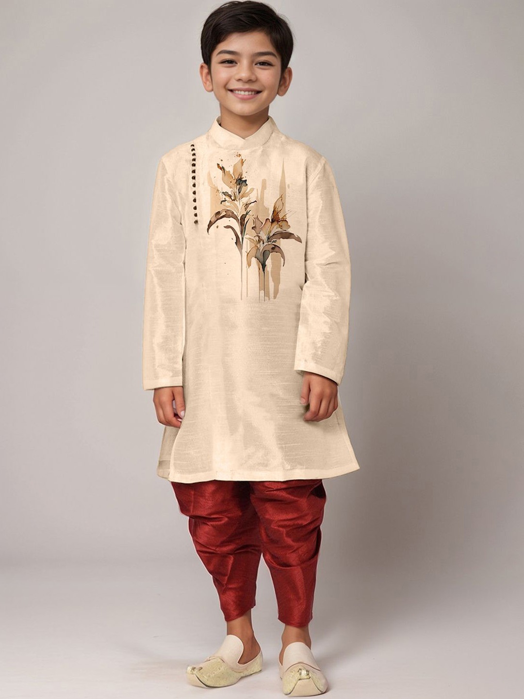 

DEVOILER Boys Ethnic Motifs Printed Thread Work Kurta, Beige