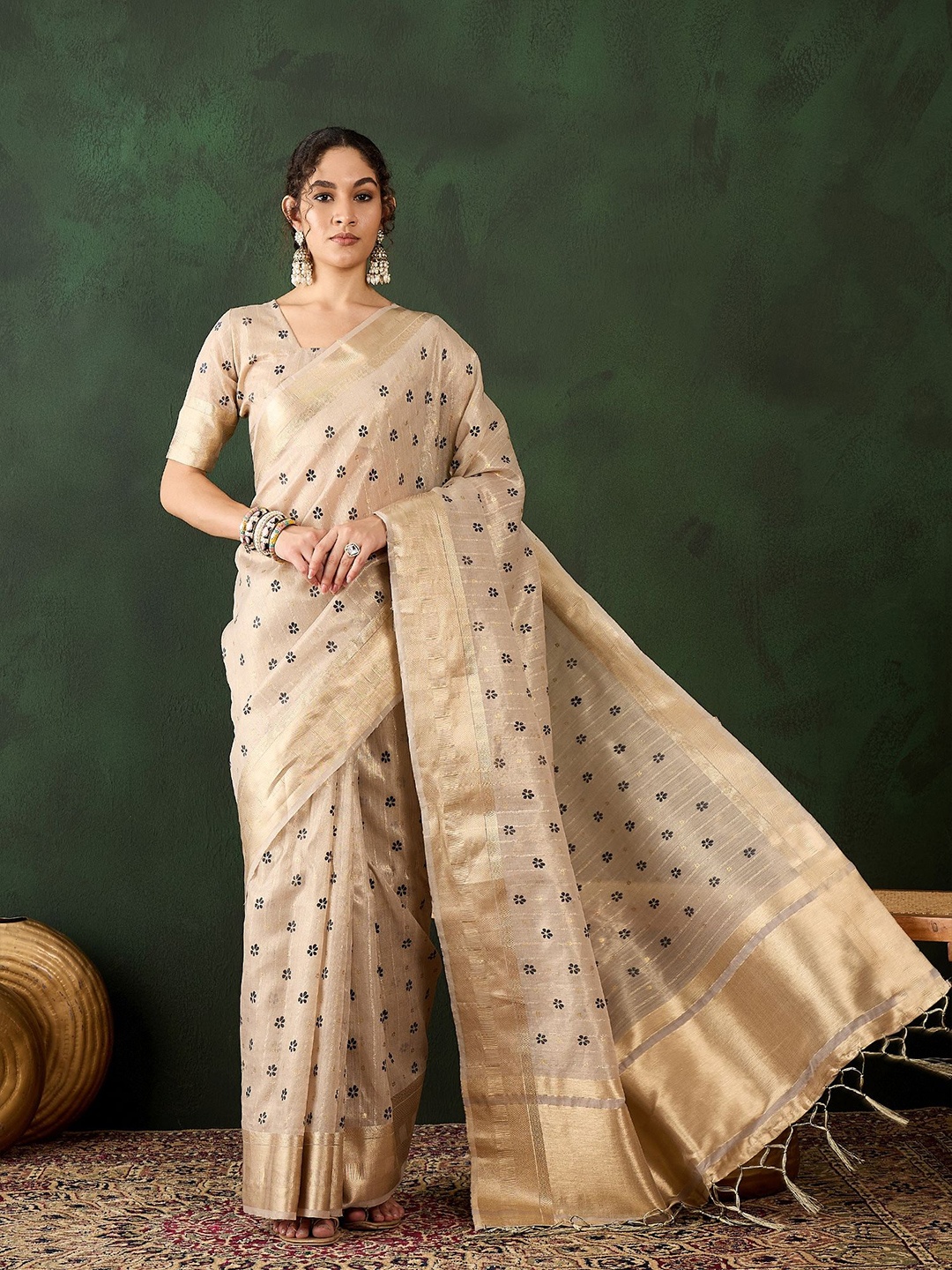 

Kalista Floral Zari Organza Saree, Beige