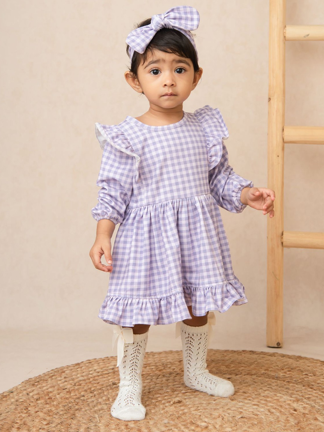 

COT & CANDY Girls Checked Puff Sleeve Organic Cotton Peplum Dress, Violet