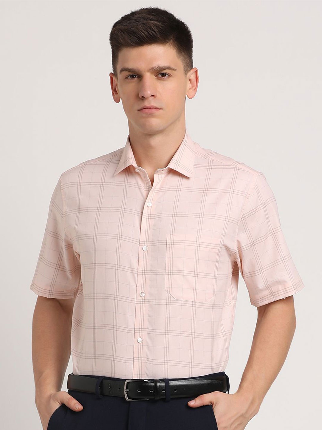 

Turtle Men Standard Spread Collar Checked Cotton Formal Shirt, Pink