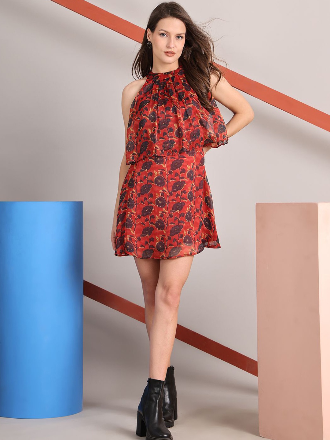 

La Zoire Women Floral Printed Halter Neck Fit & Flare Dress, Rust
