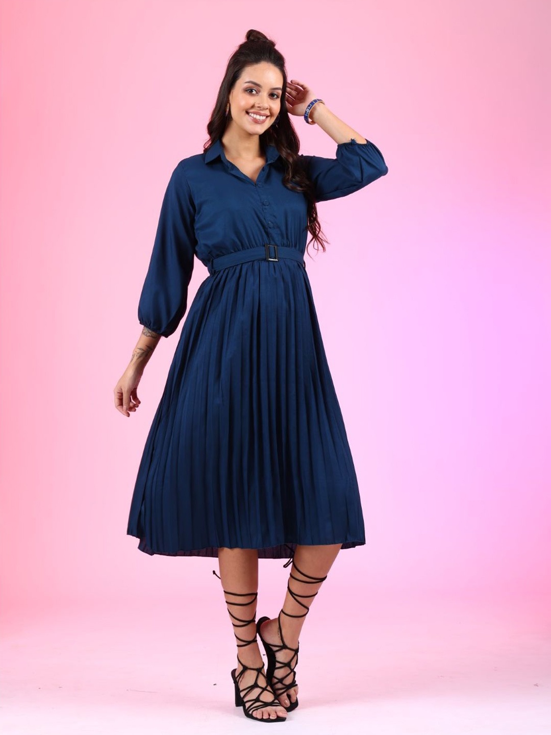 

Raiyani Enterprise Women Shirt Collar Fit & Flare Dress, Blue