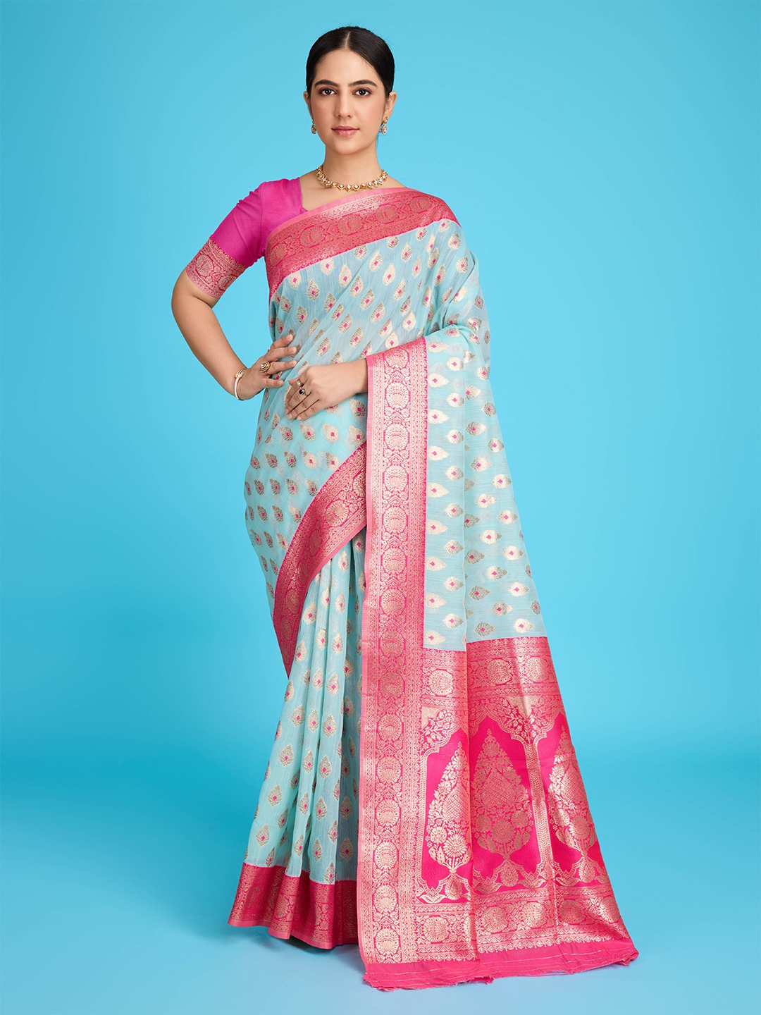 

Kriyansh Woven Design Zari Pure Linen Banarasi Saree, Blue