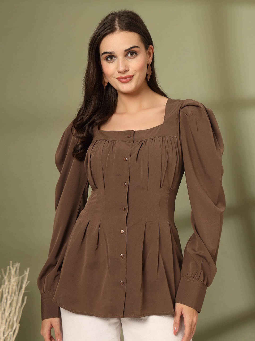 

plusS Women Collarless Solid Formal Shirt, Brown