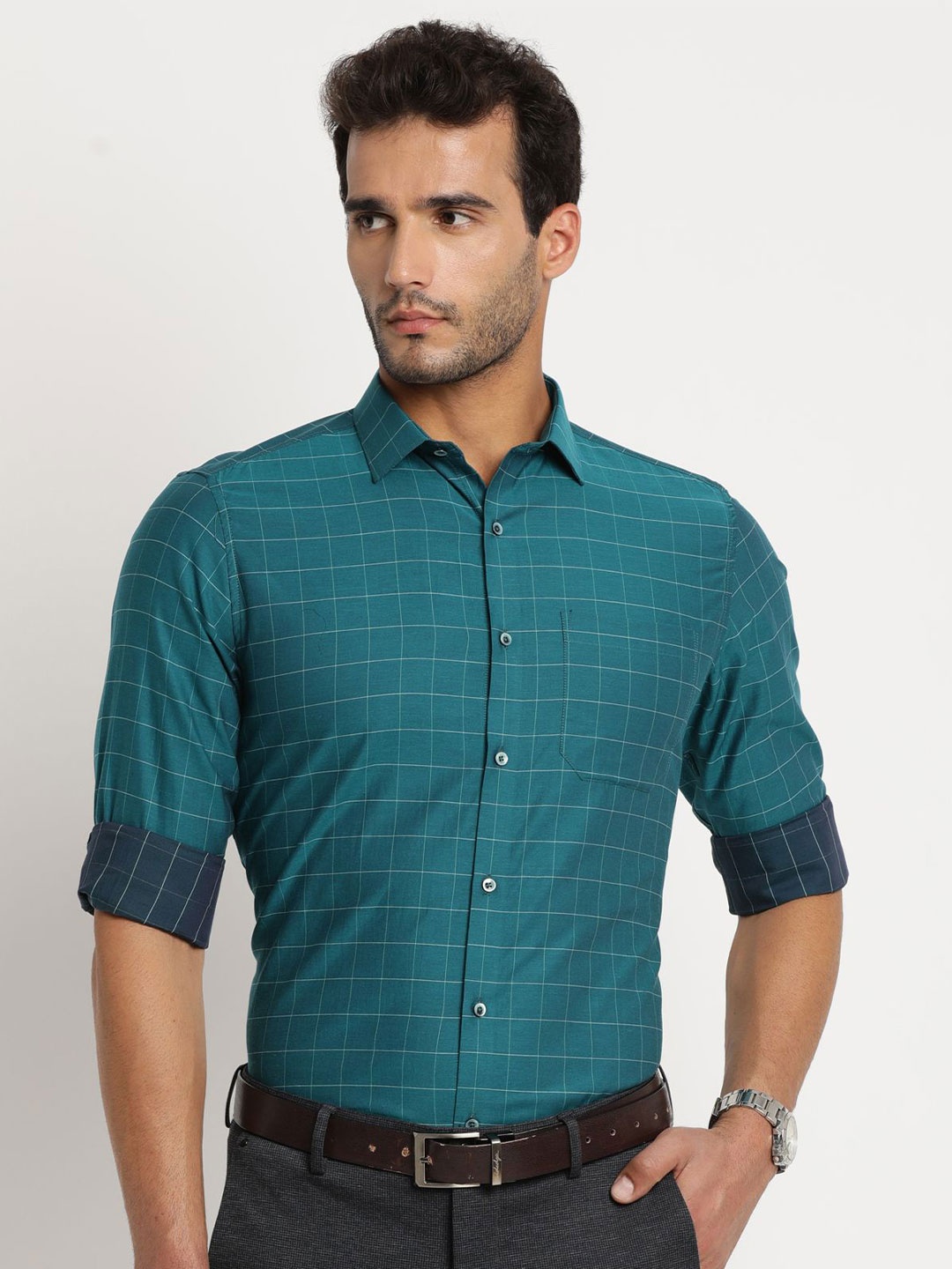 

Turtle Men Standard Spread Collar Grid Tattersall Checked Cotton Slim Fit Formal Shirt, Green