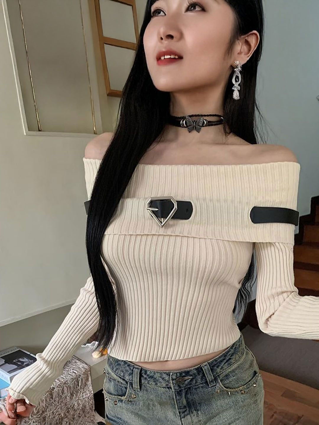 

StyleCast Women Self Design Off-Shoulder Woollen Bardot Crop Sweater, Peach