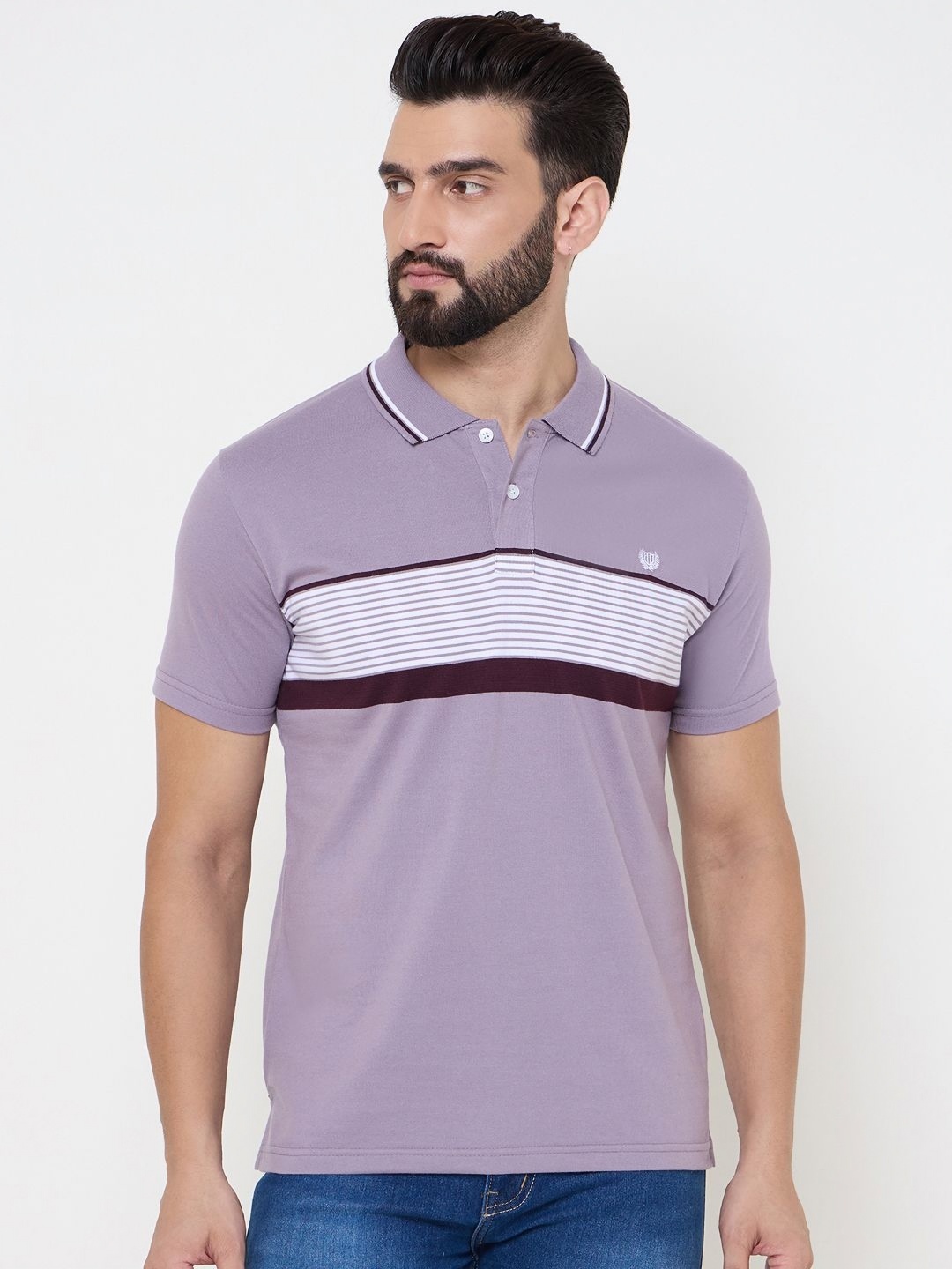 

Duke Men Striped Polo Collar Cotton T-shirt, Purple