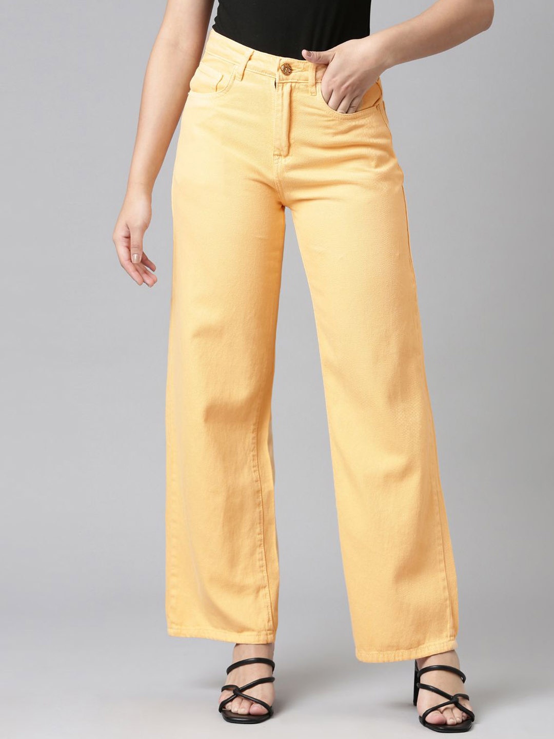 

ZHEIA Women Cotton Wide Leg High-Rise Jeans, Yellow