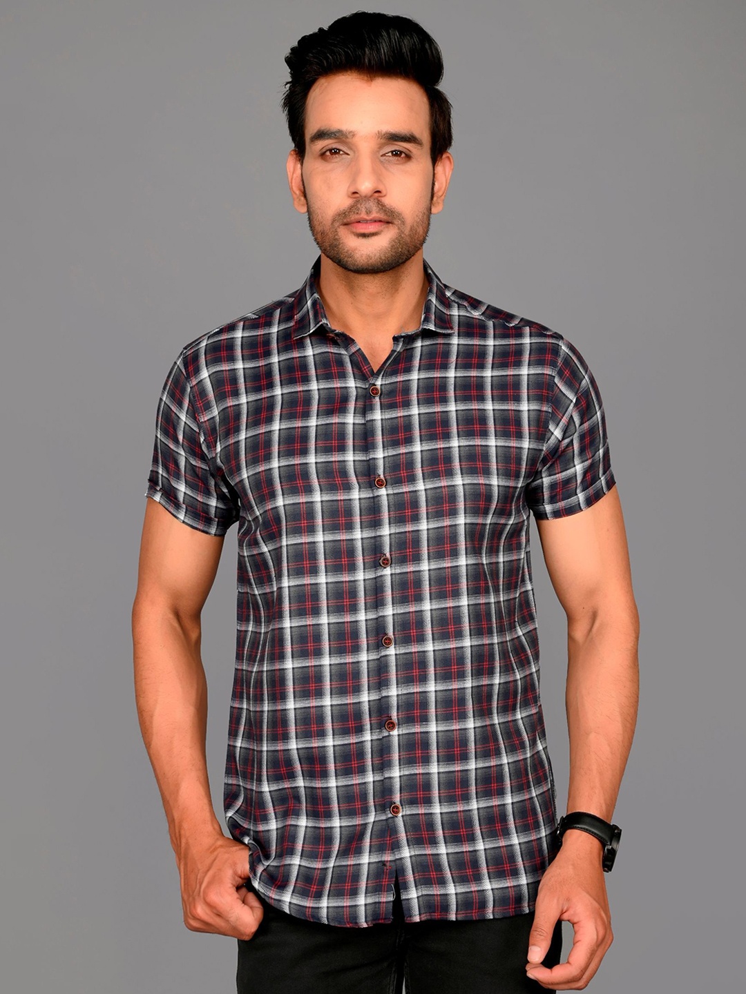 

Tanip Men Checked Comfort Fit Cotton Casual Shirt, Navy blue