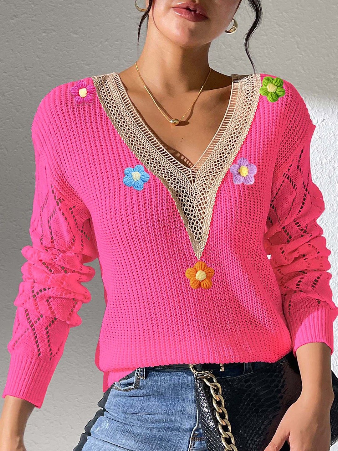 

StyleCast Women Cable Knit Pullover with Embroidered Detail, Pink