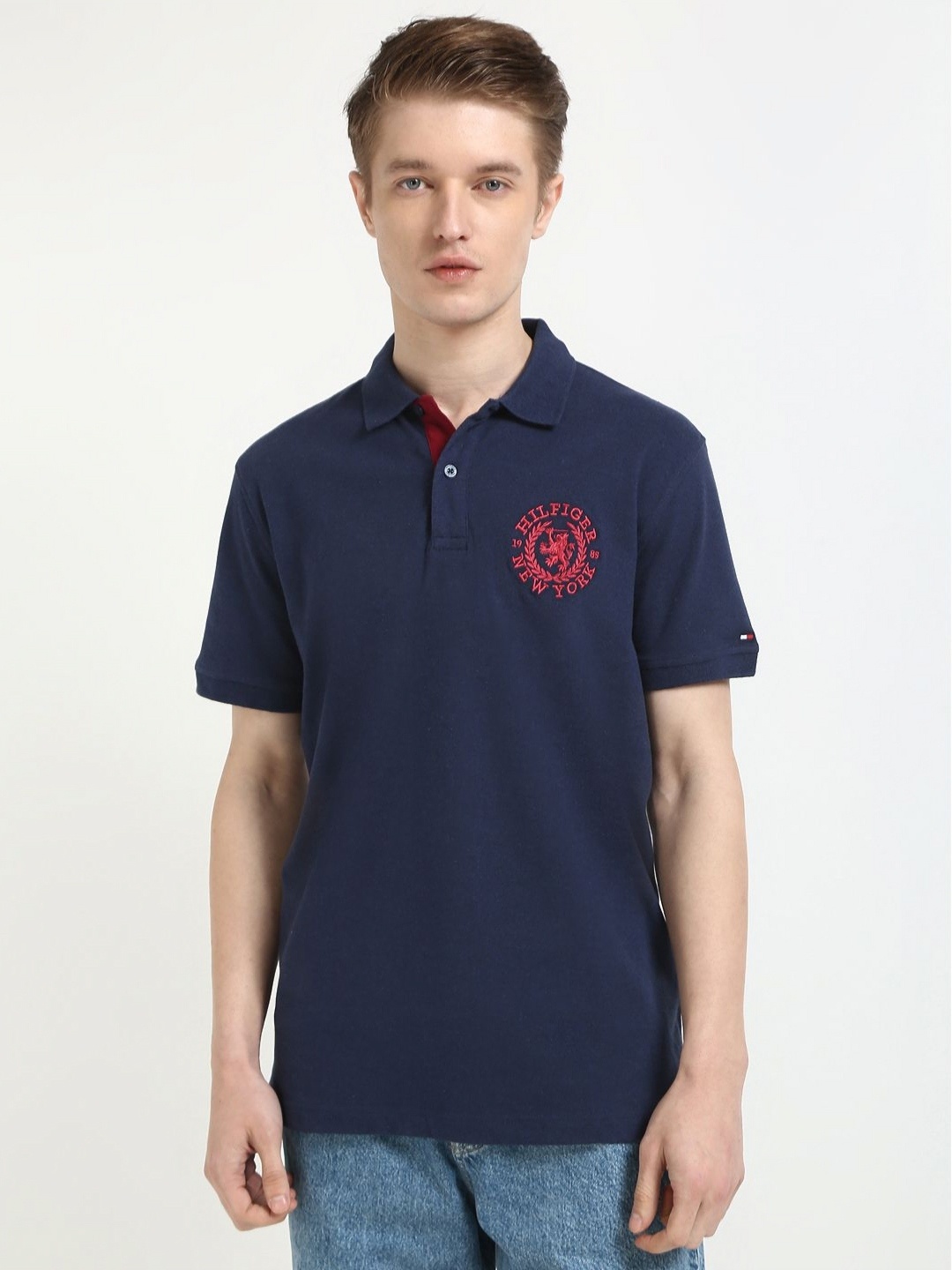 

Tommy Hilfiger Men Graphic Printed Polo Collar Cotton T-shirt, Navy blue