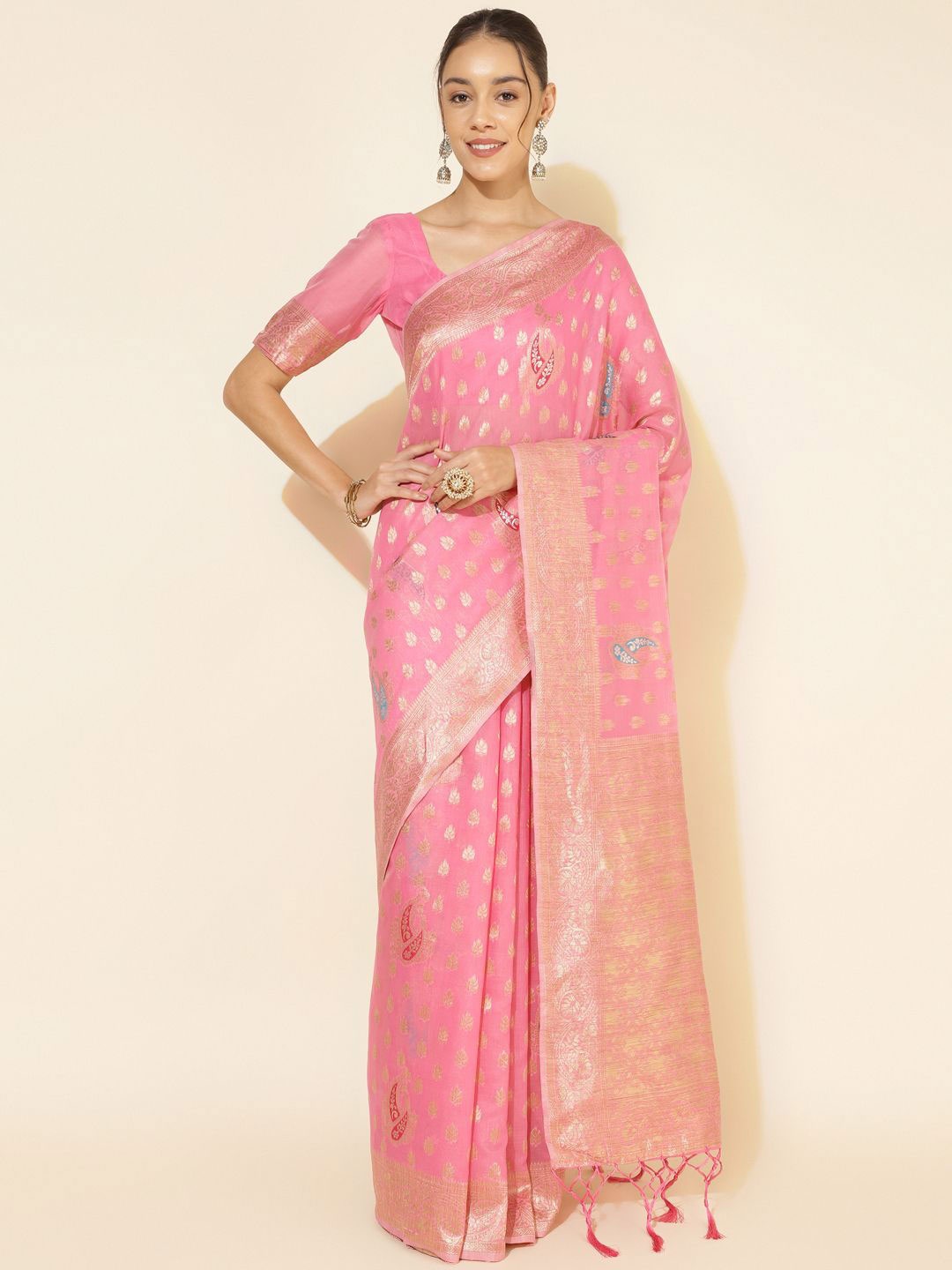 

KALINI Light Pink Chanderi Silk Ethnic Motifs Saree with Unstitched Blouse Piece